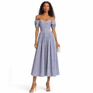 PRABAL GURUNG Off Shoulder Midi Dress Short Sleeve A-line Indigo/White Stripes 6